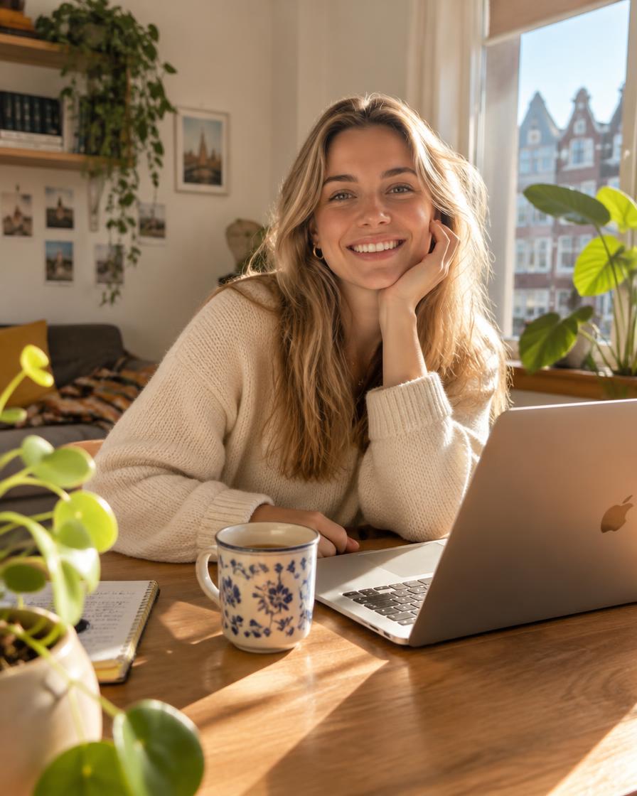 Vrouw werkt ontspannen met AI op haar laptop